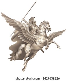  Hero of ancient myths Bellerophon riding on Pegasus on a white background