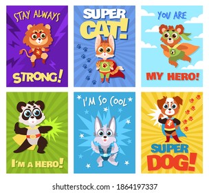 Hero animals cards. Children brave zoo superheroes with capes and masks, cute baby funny characters with greeting phrases collection. Comic whoops speech bubbles cartoon vector kids bright posters set