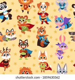 Hero animals seamless pattern. Funny kids superhero beasts, costume mask characters, various comic superpowers creatures and stars. Creative design textile, wrapping paper, wallpaper vector texture