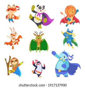 Hero animals. Zoo strong defenders city superheroes in mask cats dogs elephants exact vector flat characters collection set