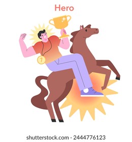 Hero Archetype illustration. A triumphant character raises a trophy while mounted on a horse, radiating victory and courage. Inspirational vector design.