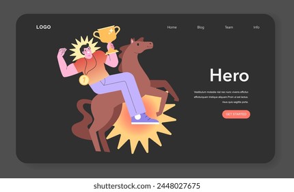 Hero Archetype illustration. A triumphant character raises a trophy while mounted on a horse, radiating victory and courage. Inspirational vector design.