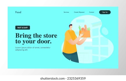 Hero Banner or Landing Page with Faceless Man Character Holding Food Bag at Door. Bring The Store To Your Door Concept.