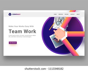 Diseño de banner o plantilla de sitio web de héroe con vista superior de 3 empresarios o colegas que se unen para el concepto de trabajo en equipo.