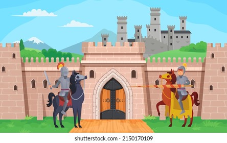 Hero battle knights medieval legend near castel. Battle armor knight, armour warrior on horseback, vector illustration - Shutterstock ID 2150170109