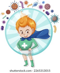 Hero boy with germ attack text illustration