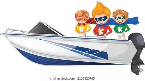 A Hero Boy and girl standing on a speeding boat on a white background illustration