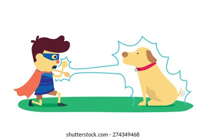 Hero boy playing fighting with monster it was his's dog