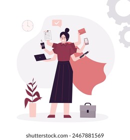 Hero businesswoman with many arms standing and doing many tasks at same time. Effective time management, productivity. Leadership and motivation. Hard working entrepreneur or employee. flat vector