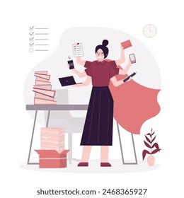 Hero businesswoman with many arms standing in office and doing many tasks at same time. Effective time management, business productivity. Leadership and motivation. Hard working employee. flat vector