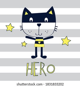 gato héroe en vector de fondo a rayas 