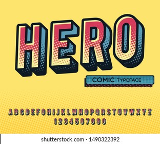 Hero. Comics super hero style. 3D font. Display original typeface.