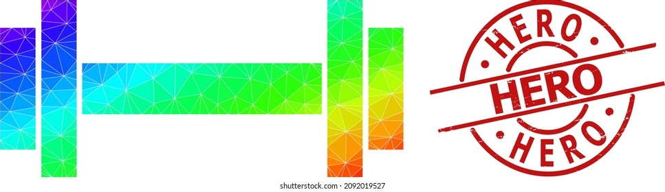 HERO corroded stamp seal and lowpoly spectrum colored barbell icon with gradient. Red stamp includes Hero tag inside circle and lines form. Triangulated barbell polygonal icon illustration.