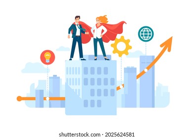 Hero couple. Happy man and woman, superheroes