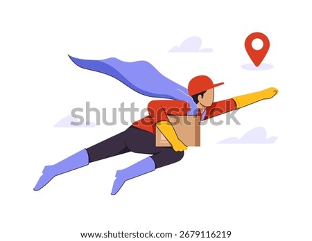 Hero courier with cape flies fast to deliver parcel. Delivery service illustration