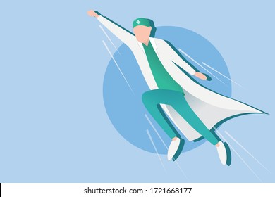 Hero Doctor Character In Medical Uniform Fighting With Coronavirus. Brave Doctors And Nurses Our Heroes. Support Medical Stuff. Vector In Flat Style. Thank You, Healthcare Workers!