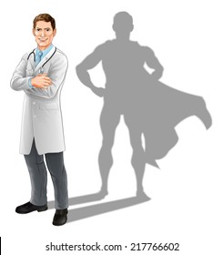 Hero doctor concept, illustration of a confident handsome doctor standing with his arms folded with superhero shadow