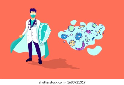 Hero doctor with mask, glasses, shield and cape fighting corona virus symptoms. Male, man doctor hero with shield. Doctor wearing mask fighting COVID-19 symptoms concept. Anti virus.