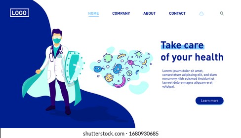 Hero doctor with mask, glasses, shield and cape fighting corona virus symptoms landing page. Doctor wearing mask fighting COVID-19 symptoms flat vetor concept. Anti virus. Website, template.