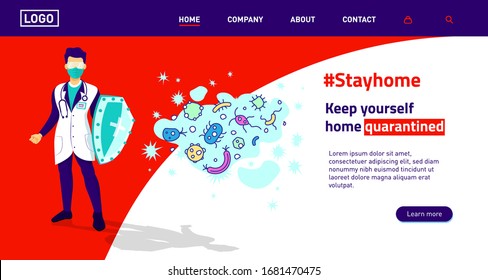 Hero doctor with mask, glasses, shield and cape fighting corona virus symptoms landing page. Doctor wearing mask fighting COVID-19 symptoms flat vetor concept. Anti virus. Website, template. USA.