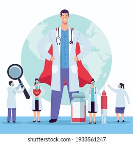 hero doctor with medical staff and vaccine icons vector illustration design
