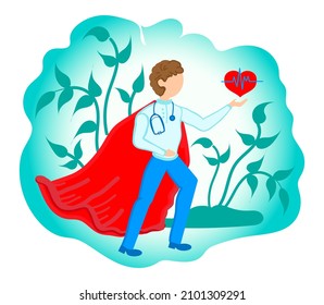 A hero doctor in a red cloak saving lives. A cardiologist holds a heart with a cardiogram image on an abstract nature background. Paramedic with a stethoscope around his neck 
