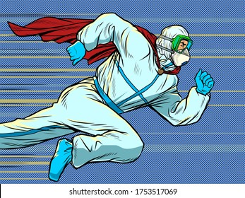 Hero doctor runs. Covid19 coronavirus epidemic. Pop art retro vector illustration 50s 60s style
