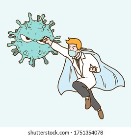 Hero Doctor wears surgical face mask and a hero cape fighting away corona virus and saves lives