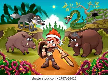 Hero fighting against his enemies. Cartoon vector illustration for children.
