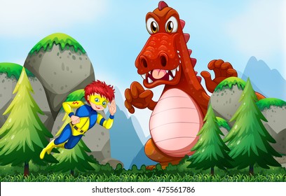 Héroe combatiendo una ilustración de dinosaurio