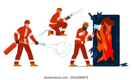 hero firefighter vector. firetruck ladder, helmet uniform, smoke flames hero firefighter character. people flat cartoon illustration