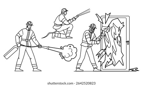 hero firefighter vector. firetruck ladder, helmet uniform, smoke flames hero firefighter character. people black line pencil drawing illustration