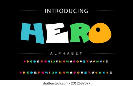 Hero Funky colorful cartoon font type. Vector alphabet