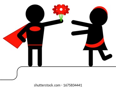 hero gives flowers to a beautiful girl, icon pictogram symbol, on white background