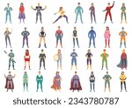 Hero icons set cartoon vector. Mascot man. Comic pose