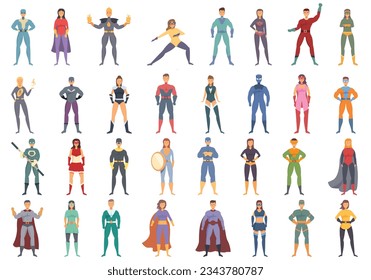 Hero icons set cartoon vector. Mascot man. Comic pose