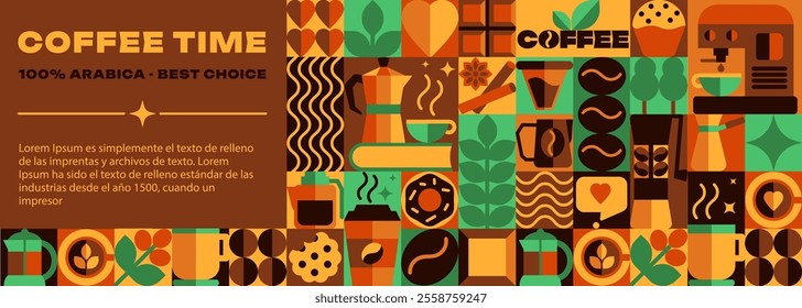 The hero image and banner template with Bauhaus Coffee Pattern, Icons, Abstract Symbols in Geometric