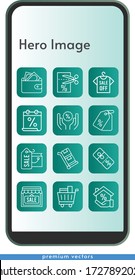Symbol für das Helden-Bild gesetzt. inklusive Kalender, Einkaufstasche, Brieftasche, Hypothek, Hemd, Shop, Gutschein, Preis-Tag, Einkaufswagen, Rabatt, Trolley Icons auf dem Handy Design Hintergrund . lineare Stile.