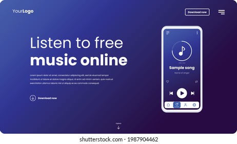 Hero image for a music app website to listen to music for free with a sample interface