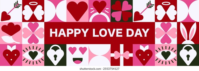 The Hero Image with Romantic Seamless Pattern, Pink, Red, and White Love Icons in Bauhaus Flat Style
