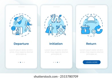 Hero journey elements blue onboarding mobile app screen. Walkthrough 3 steps editable graphic instructions with linear concepts. UI, UX, GUI template