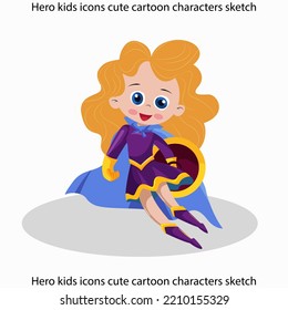Hero kids icons cute cartoon characters sketch