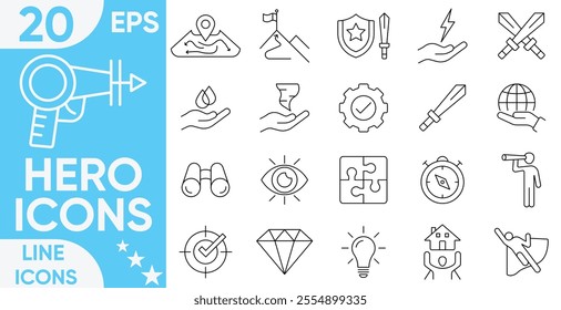 Hero Line Icons Set.Vector set of mission, vision and values line icons.Hero icon isolated on white background. Hero icon Vector And Illustrator Set