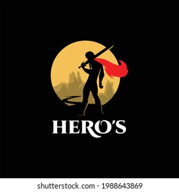 Hero Logo Vector Illustration Warrior Man Standing Hold Weapon Graphic Design Template