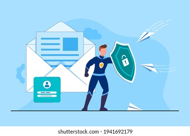 The hero man protection Global data or personal data security, cyber data security online concept, Internet security or information privacy and protection idea, flat isometric illustration isolated