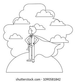 hero man using cape standing in landscape clouds sky