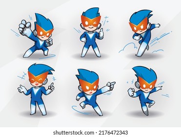 hero mascot character with white blue suit and orange mask set