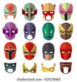 Hero mask characters vector flat icons. Hero cartoon mask and color avatar mask set illustration