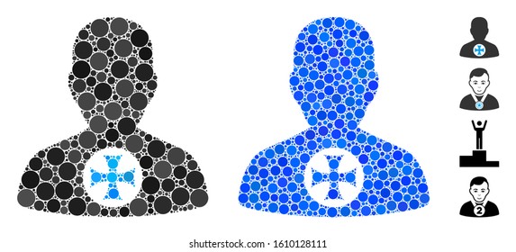 Hero medal mosaic of circle elements in various sizes and shades, based on hero medal icon. Vector round elements are united into blue mosaic. Dotted hero medal icon in usual and blue versions.