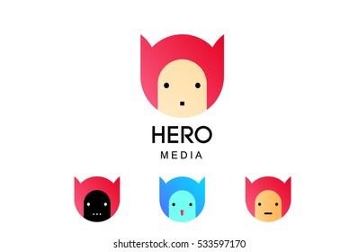 Hero Media is a vector logotype set for creative business, children, toys. Modern flat characters, illustration or stickers.